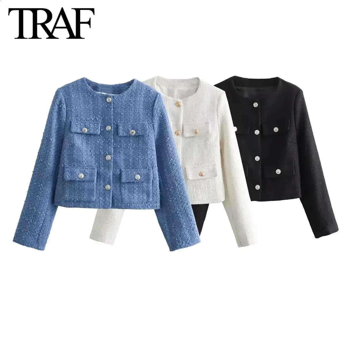 TRAF Women Fashion Spring Flip Pocket Jacket Singlebreasted Crewneck Tweed Short Coats Chic Ladies Tops Mujer 250122