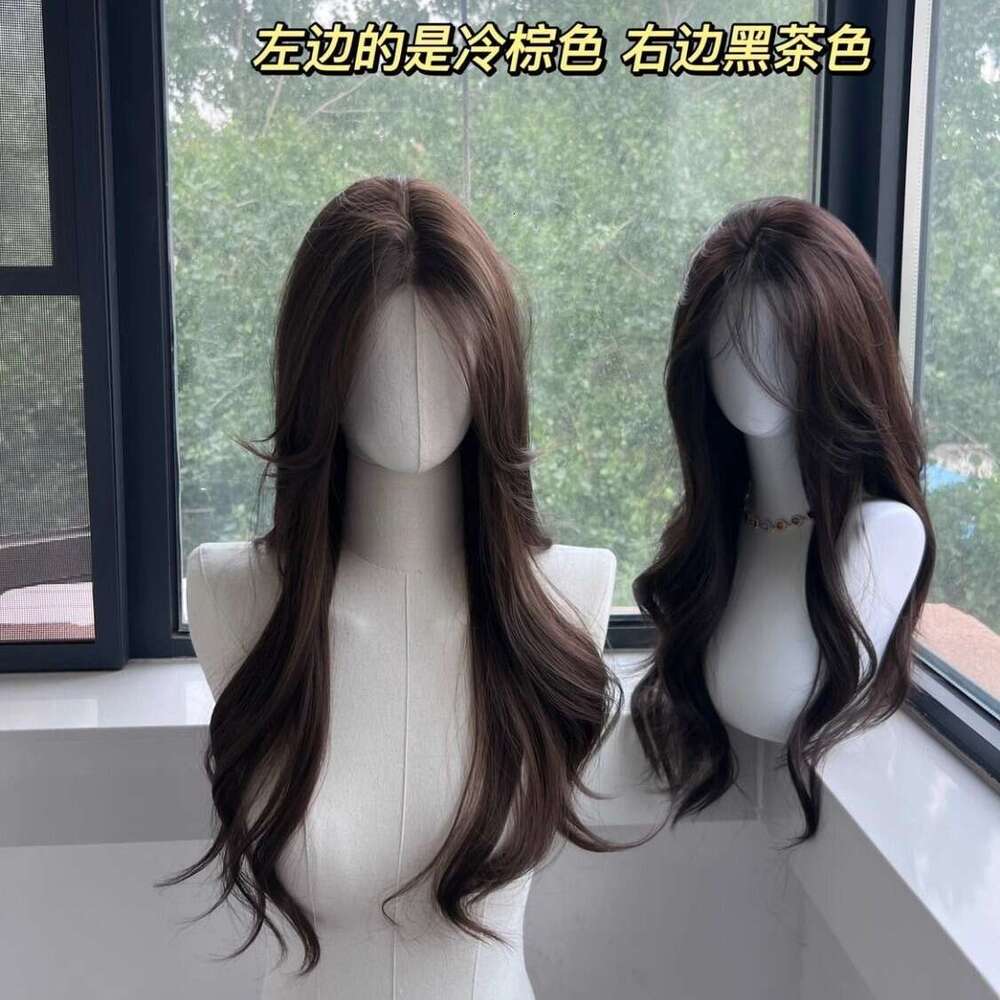 Lace Front Wig Cover T Shape Front Lace Wig Women S Cold Brown Summer Headband Eight E Bangs Large Wave Temperament Curly Hair Full Set Whole Wig