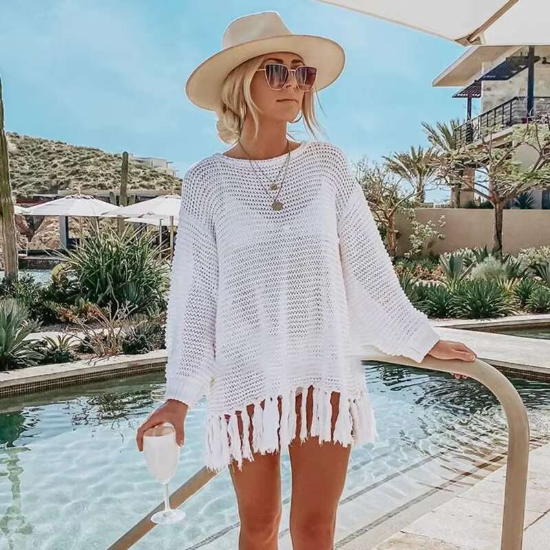 New Beach Cover Ups Hollow Out Knitted Tassel Swimwears Bikini Hook Swimsuit Sunscreen Solid Color Crochet Mujer Beachwear