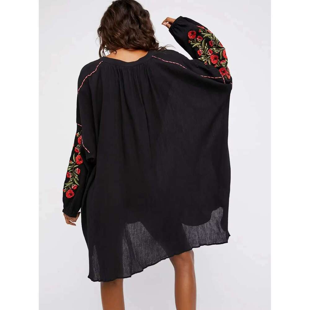 Women's Boho Style Mini Loose Ral Embroidery Black Oversized Short Beach Holiday Dress Vintage Chic Robes