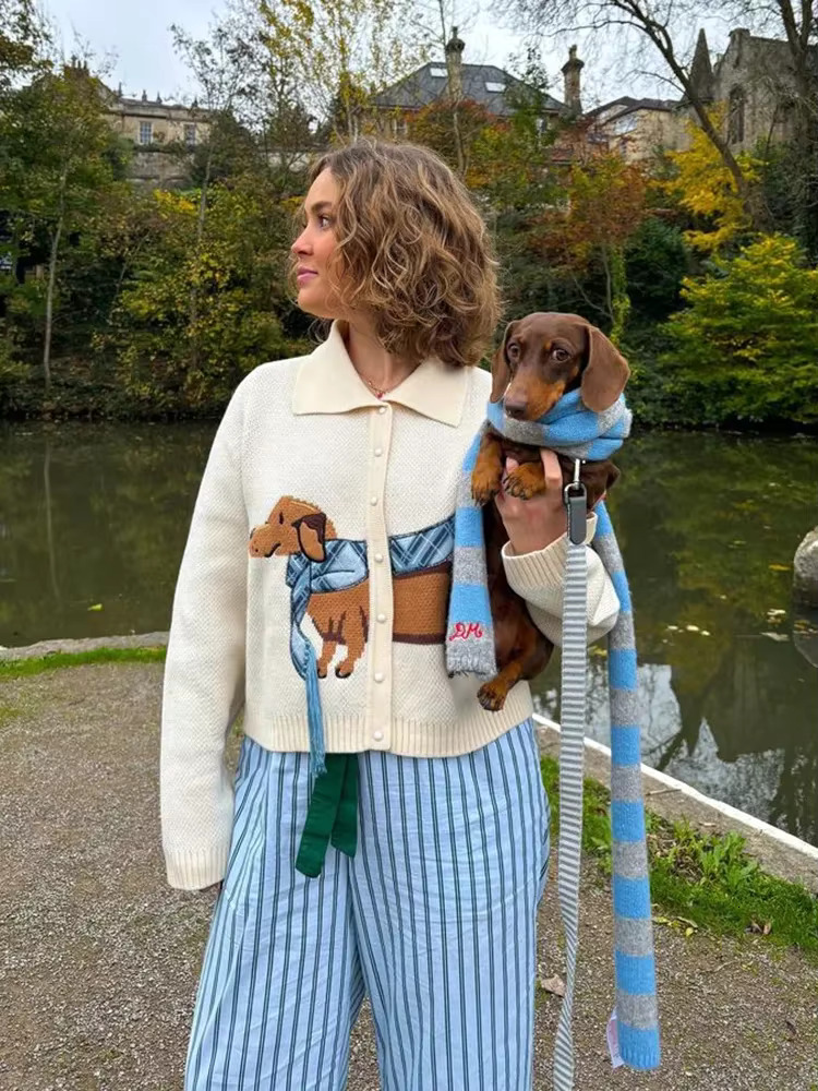 Chic Puppy Pattern Women Cardigan Long Sleeve Lapel Single Breasted Sweater Parrty Casual Coats New Lady Commuter Outerwear