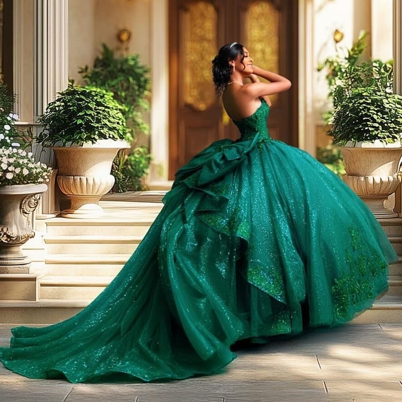 Blackish Green Quinceanera Dresses Ball Gown Off Shoulder Appliques Lace Beads Bow Tull Corset Birthday Party Sweet 16 Dress Vestidos 15 anos