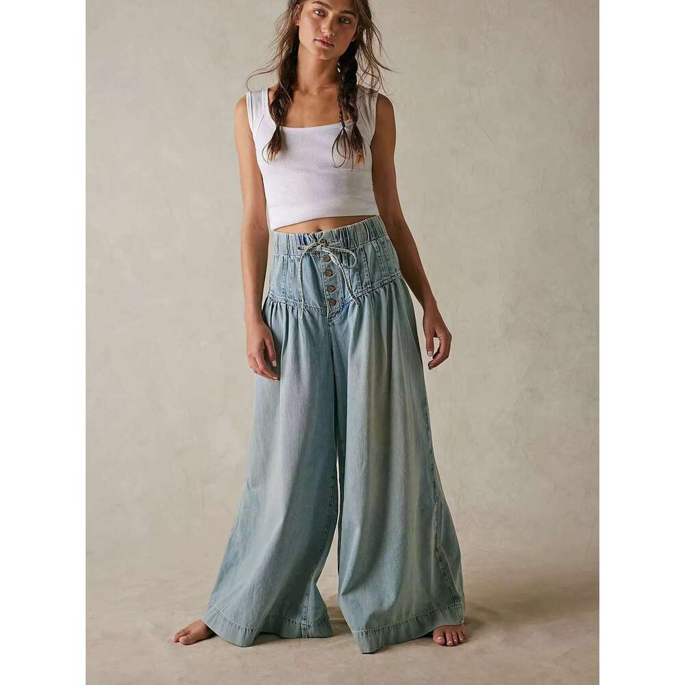 Free Style Full Length Mid Waist Boho Folds Cotton Hippie Wide Leg Pants 3Xl Trousers Chic People Jeans