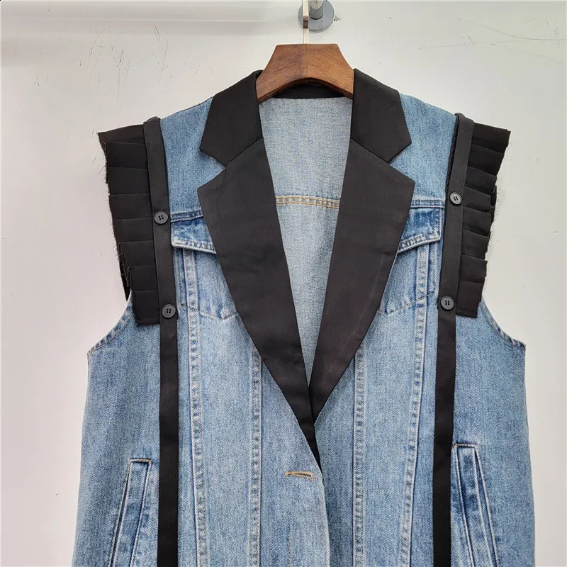 Vintage Blue Suit Collar Splicing Denim Vest Women Loose Long Waistcoat Cowboy Sleeveless Jacket Coat Pocket Jeans Vest Female 250122
