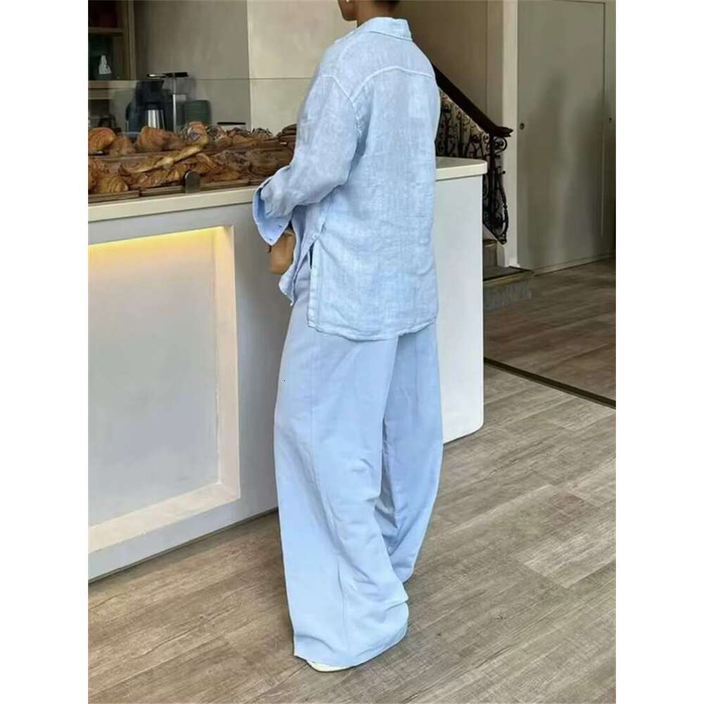Casual Solid Two-Piece Women New Summer Single Breasted Long Sleeve Shirts+Wide Leg Trouser Simple Fashion Pants Set