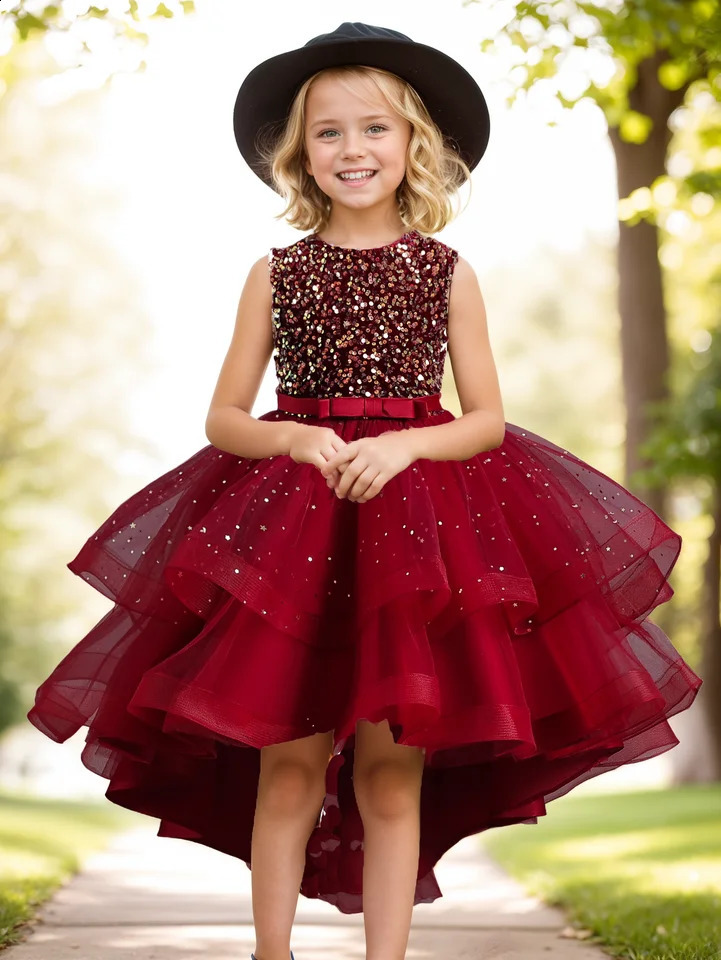 Flower Girls Princess Sequins Baby Wedding Christmas Party Trailing Dress Teenager Children Kids Elegant Vestidos for 3-15Years 250117