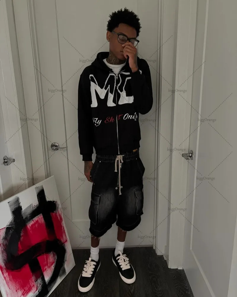 European and American Retro Street Harajuku Clothing Trendy Letters Oversized Hoodie Men Black Street Zipper Sweatshirt 250113