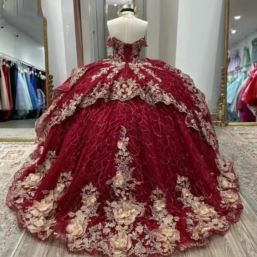 Sexy Red Vestidos De 15 Quinceanera Sequined Ruffles Lace-Up Backless Ball Gown Tull Sweet Vestido De Princesas Customized