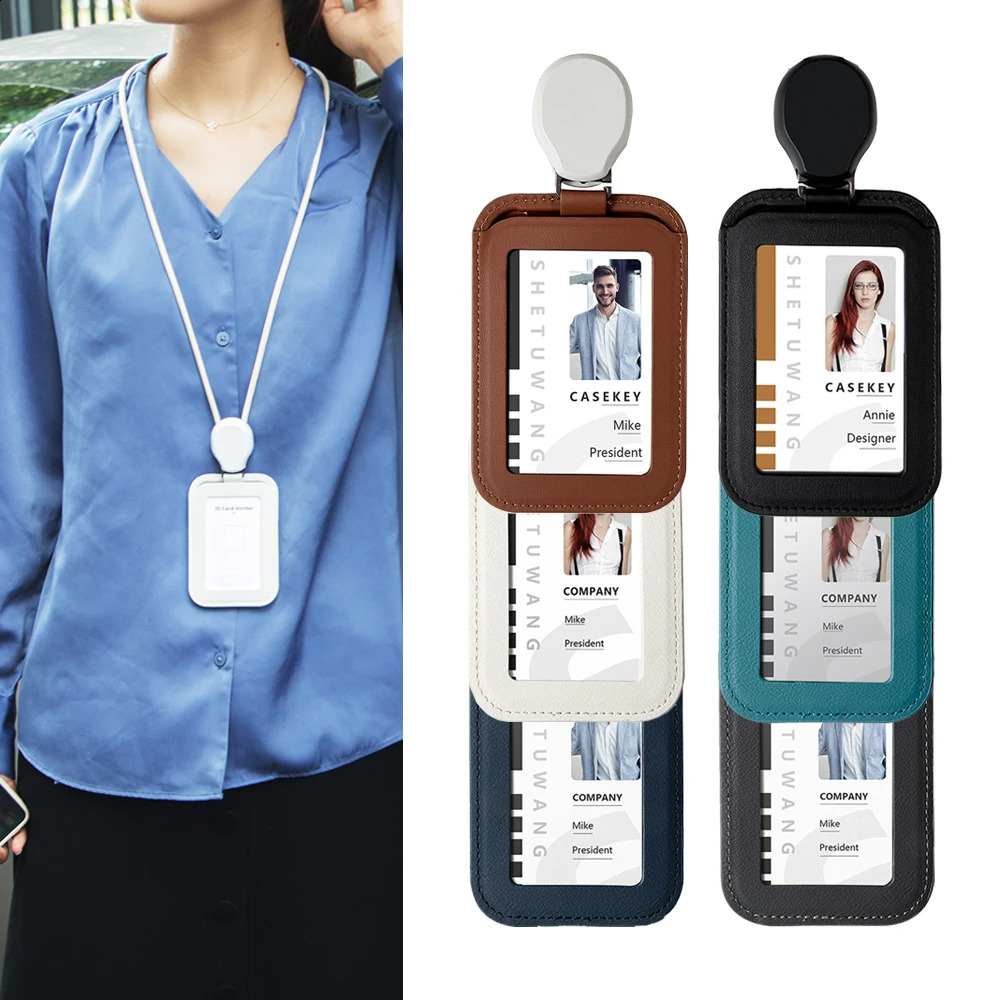 CASEKEY Real Leather ID Card Holder Work Scalable Identity Cardholder for Staff Teacher Porta Tarjeta Identificacion 250120