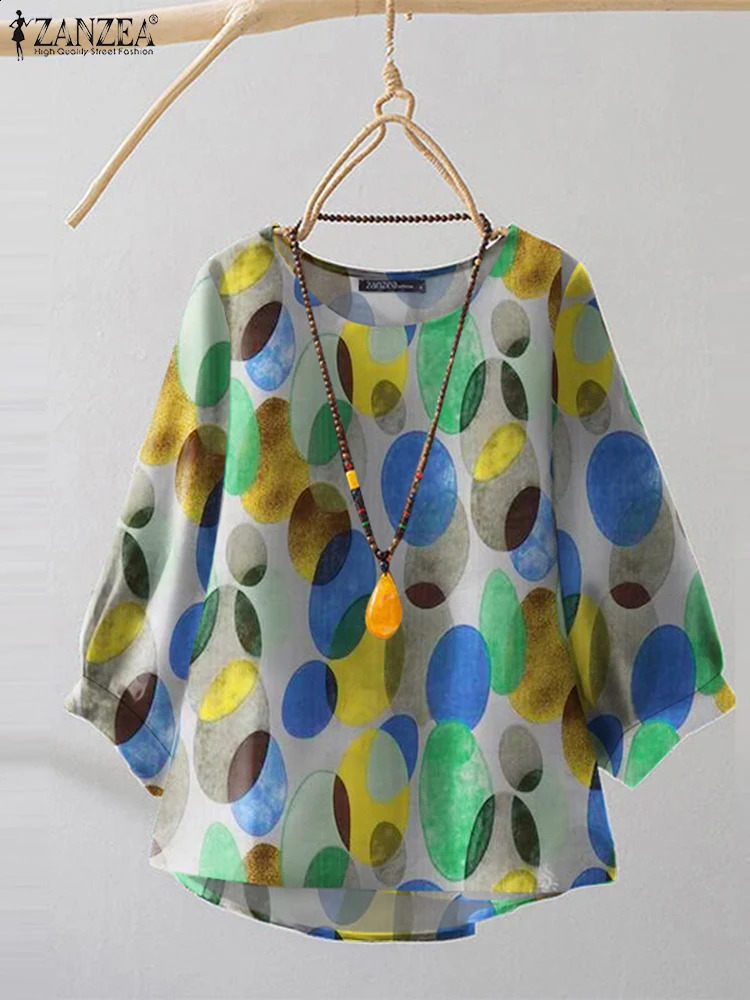 ZANZEA Vintage Polka Dot Blouse Fashion Summer 34 Sleeve Tops 2025 Irregular Hem Round Neck Shirt Chic Holiday Colorful TOP 250122