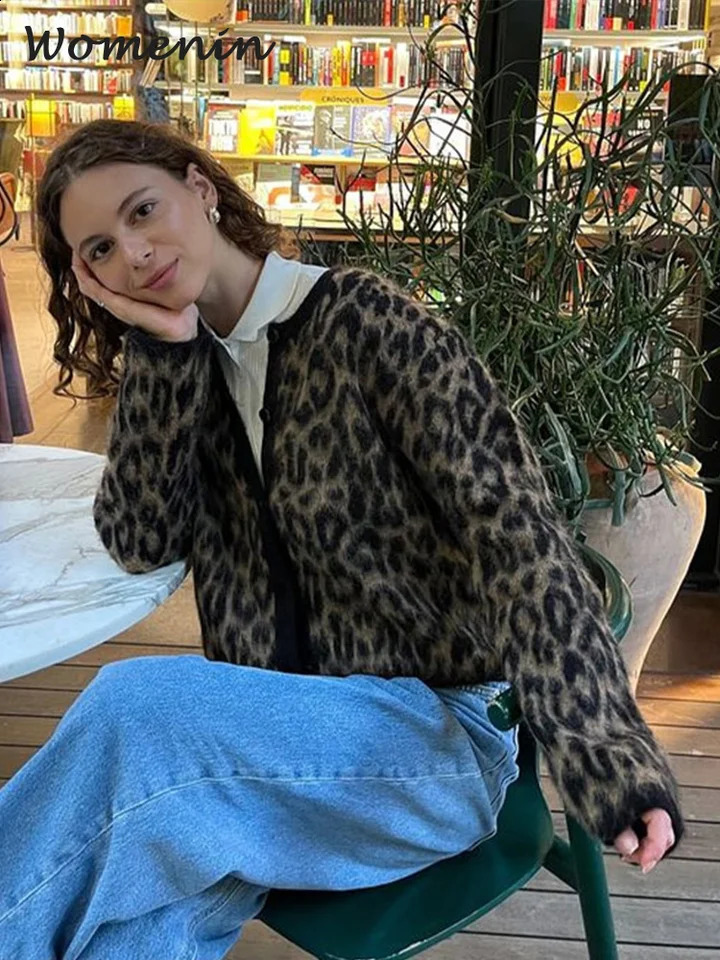 Vintage Leopard Print Mohair Women Cardigans Knitted O-neck Single Breasted Short Sweater Autumn Lady Casual Streetwear 250118