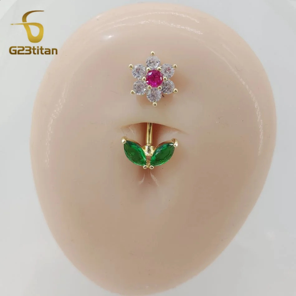 G23titan 14G Zircon Flower Barbell Belly Button Ring Women Body Sexy Navel Piercing Anti Allergic Jewelry Accessories Ombligo 250110