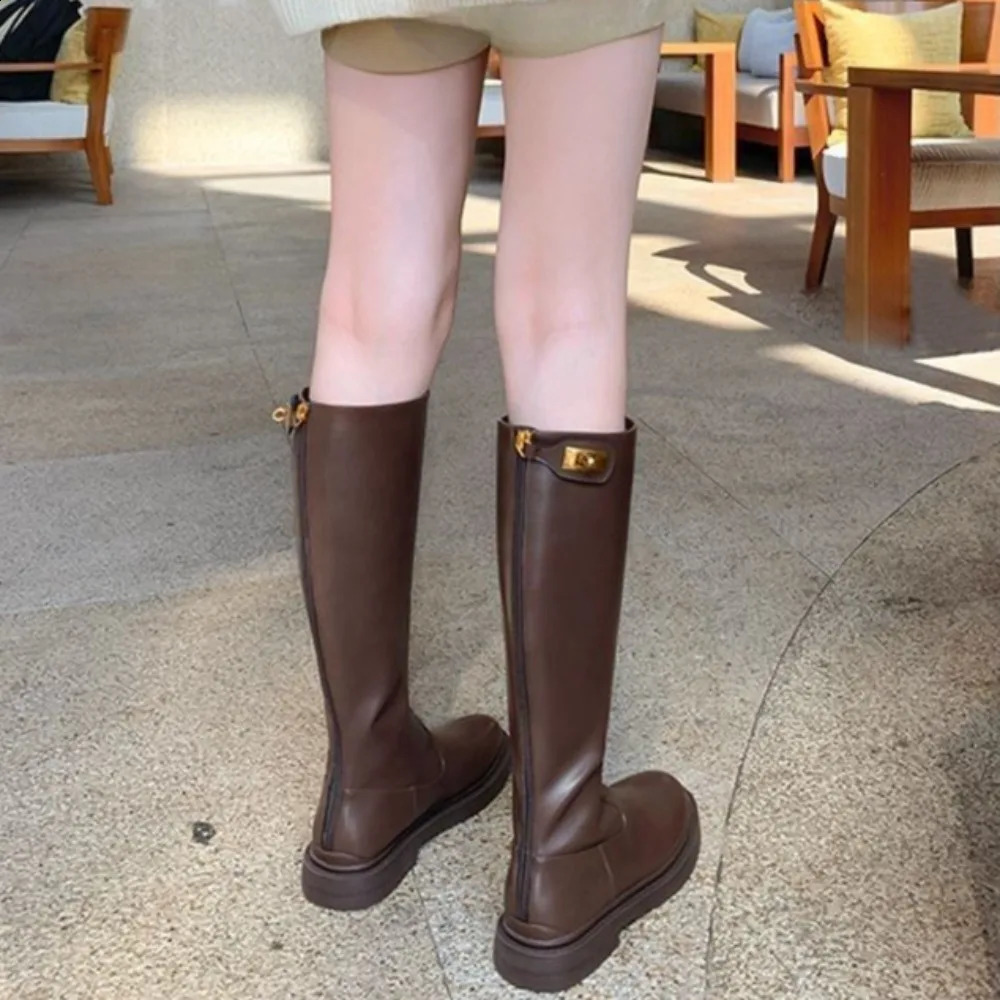Leather Long Boots for Women Round Toe Elegant with Low Heels Knee High Shaft Shoes Woman Spring Autumn Y2k Boot Sale 250118