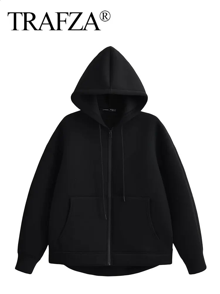 TRAFZA Autumn Women Gray Jacket With Hood Long Sleeve Big Pocket Zipper Coat Woman Loose Casual Outerwear Tops 250113