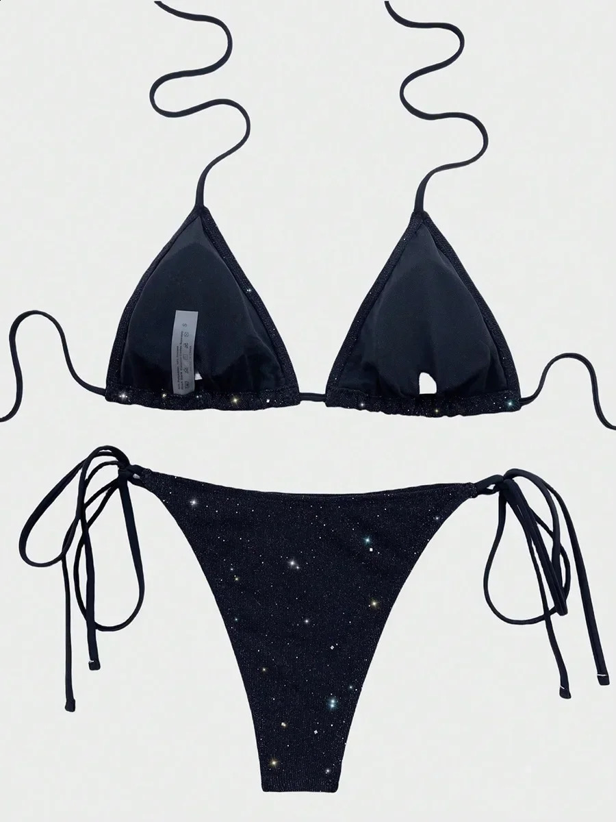 Shiny Sparkling Halter Strappy Bikini High Cut Bikinis Female Swimsuit Women Swimwear Two-pieces Bikini Set Bathing Suit 250117