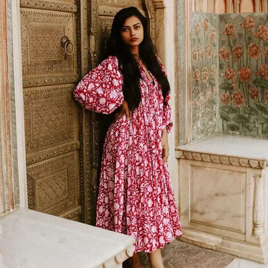 Spring Oversized Holiday V Collar Half Sleeve Loose Midi Large Size Casual Printing Long Dress Boho Vestidos