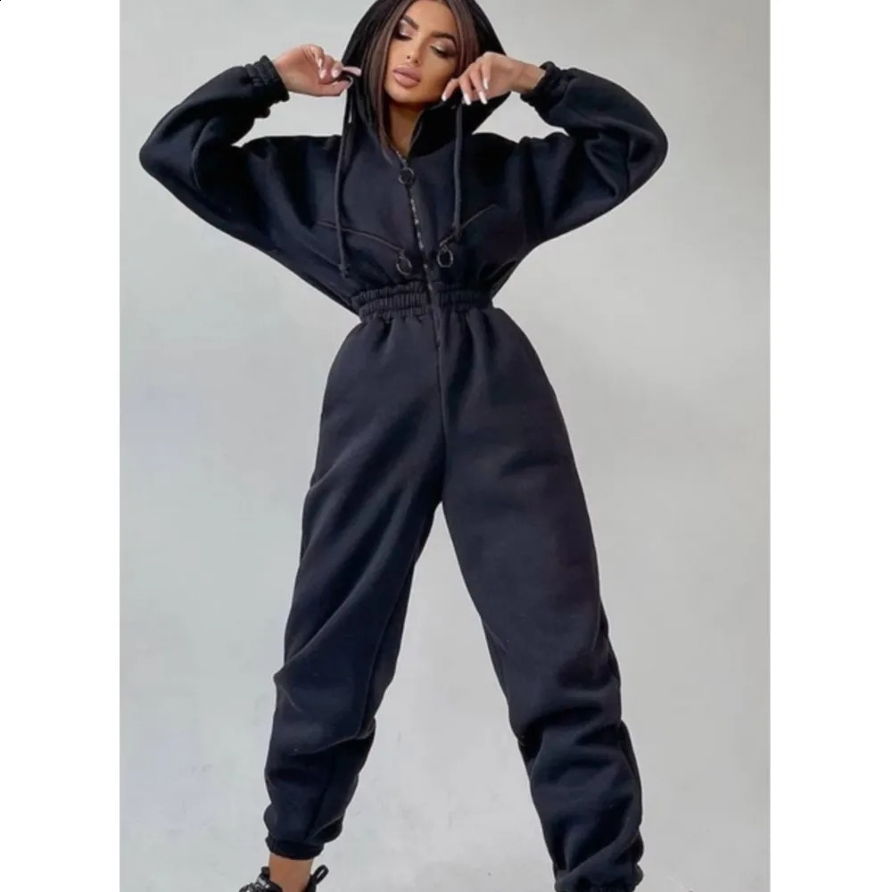 Autumn Womens Monochrome Long-Sleeved Jumpsuit Solid Color Zip-up Sportswear Female Winter Casual Tracksuit Fashionable Hoodies 250122