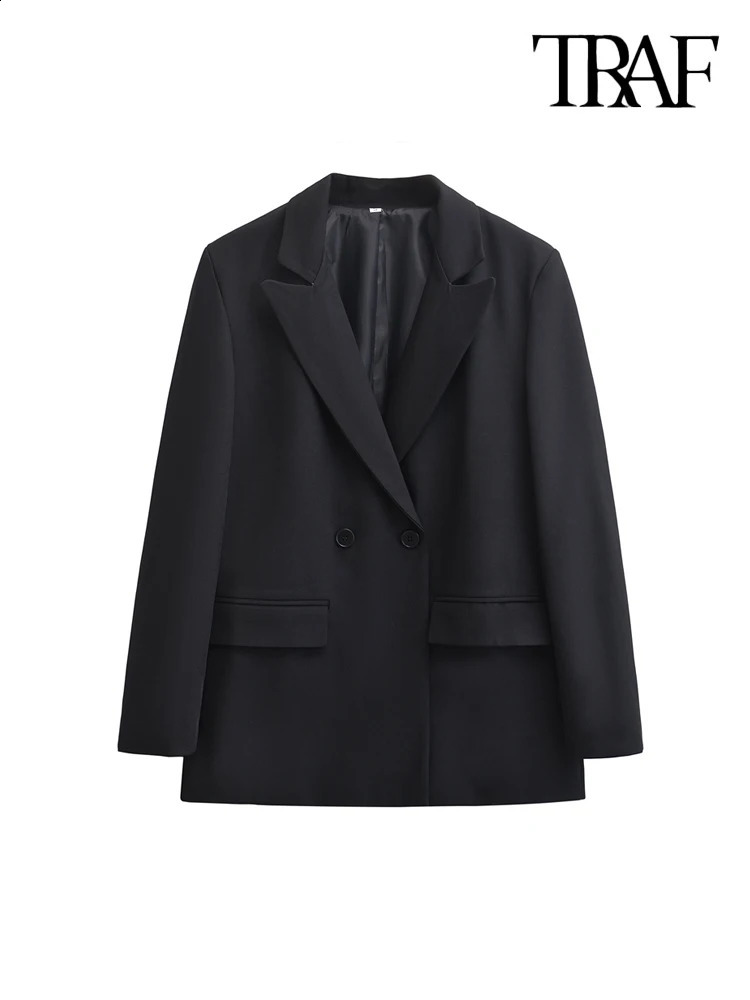 TRAF-Womens Double Breasted Office Wear Blazer Coat Long Sleeve Flap Pockets Female Outerwear Chic Tops Fashion 250109