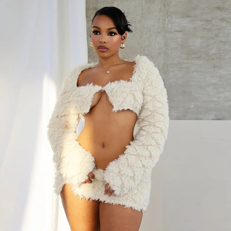 Sexy Fur Crop Tops 2 Piece Skirt Sets Mini Dress Winter Fall Clothes Club Outfit Elegant Ladies Two Piece Skirt Sets 250113