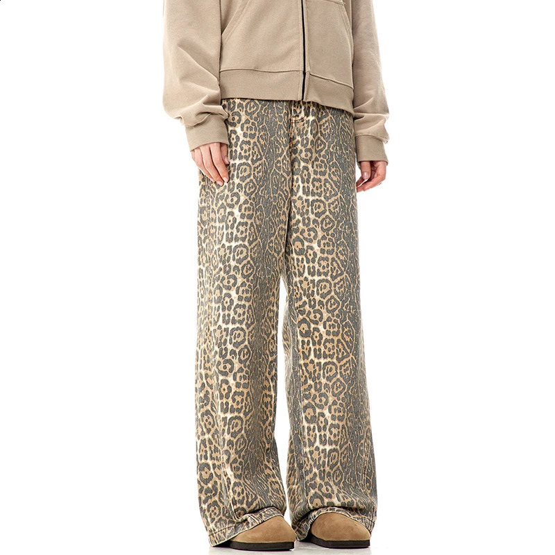 IEFB Leopard Pattern Jeans Mens Streetwear Wide Leg Casual Trousers American Style Straight Loose Male Denim Pants 9W323 250120