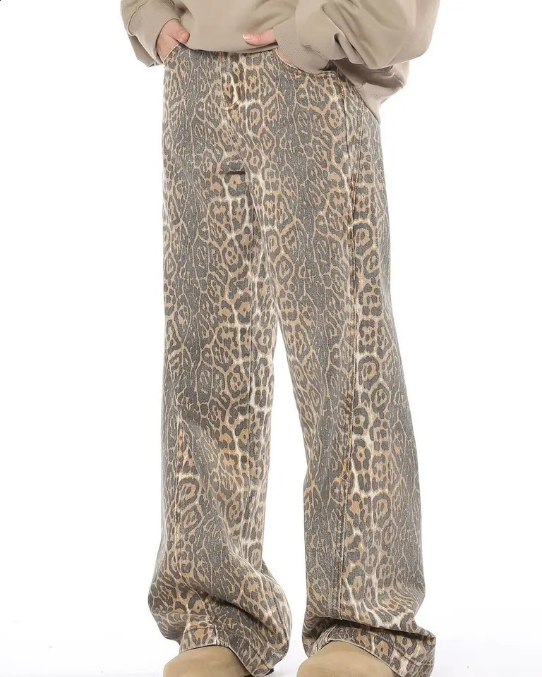 Vintage Leopard Print Jeans Men Spring Autumn Oversize Casual Hip Pop Wide Leg Trouser Trend High Waist Panther Denim Pants y2k 250120