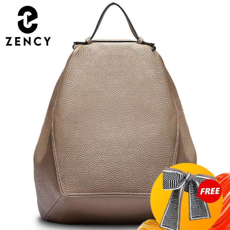 Zency Women Stylish Classic Backpack Khaki Genuine Leather Knapsack Satchel Purse Roomy With Pockets Fit A4 Ipad 9.7'' Rucksack