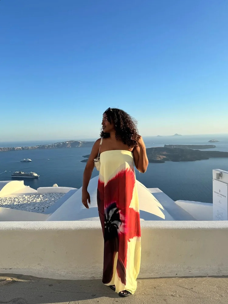 Strapless Back Belt Sleeveless Womens Long Dress Sexy Printed Backless Off Shoulder Dresses Summer Casual Vacation Beach Robes 250122