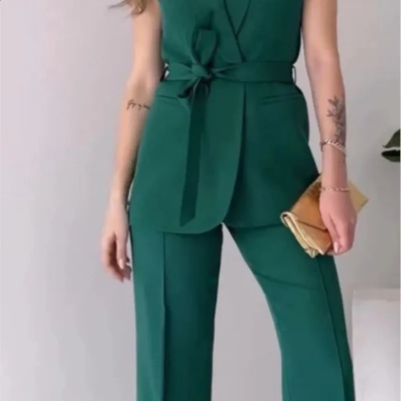 2 Piece Sets Lady Turn Dwon Collar Sleeveless Top With Long Pants Suit Elegant Solid Color Slim Set Women Party Outfit y250114