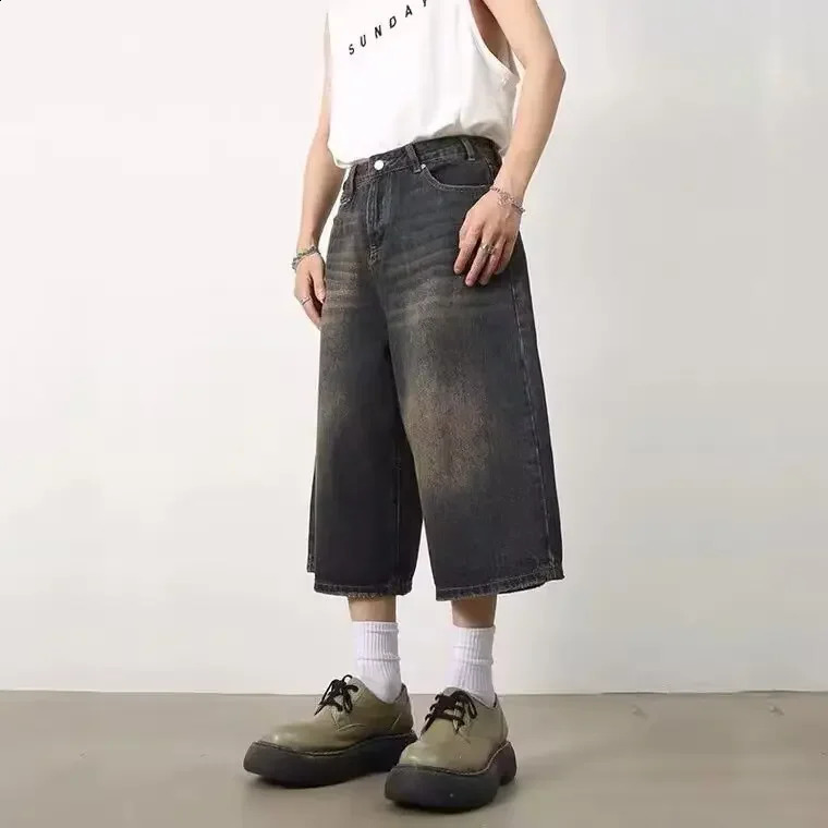 American style retro mens jeans loose fit wide leg straight leg denim shorts summer wholesale sensual 250110