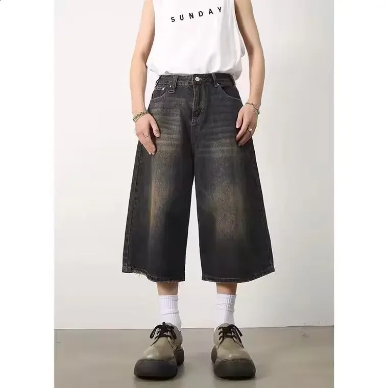 American style retro mens jeans loose fit wide leg straight leg denim shorts summer wholesale sensual 250110