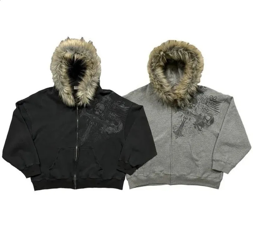 Y2k Street vintage fur collar hat hoodie men and women winter fashion street skull print zipper sweatshirt warm cardigan hoodie 250122