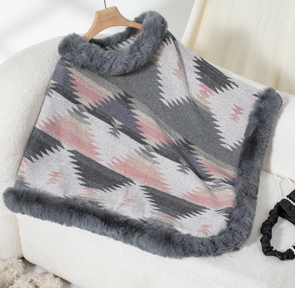 Elegant Cape Jacket Womens Hooded Shirt Winter Casual Cape Fur Collar Geometric Pattern Knitted Shawl Thick Coral Fleece Jacket 250121