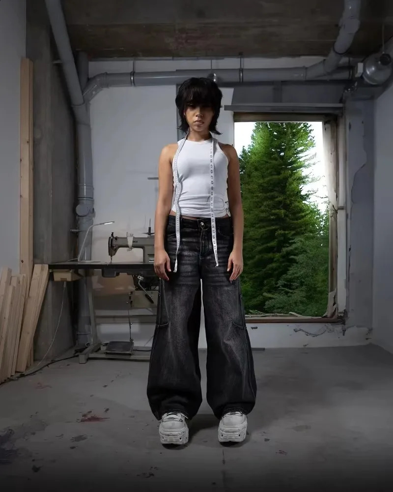 Y2K Fashion Black Stitching Washed Make Old Baggy Jeans Women Street Dressing Rock Casual High Waist Wide Leg Pants 250117