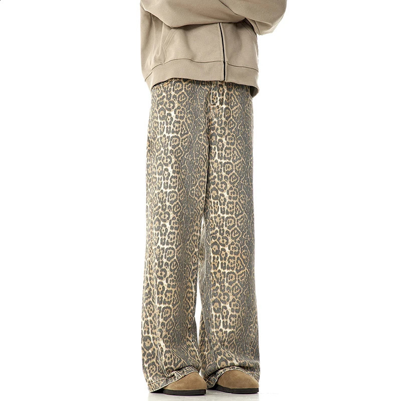 IEFB Leopard Pattern Jeans Mens Streetwear Wide Leg Casual Trousers American Style Straight Loose Male Denim Pants 9W323 250120