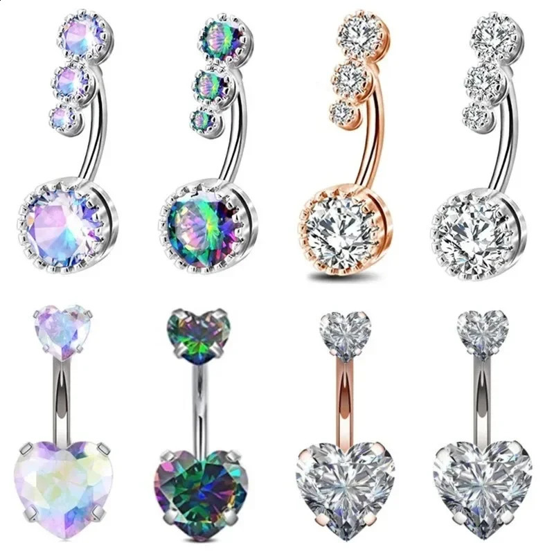 Zircon Heart Belly Button Rings for Women Nombril Ombligo Navel Ring Steel Barbell Crystal Round Body Piercing Jewelry 250110