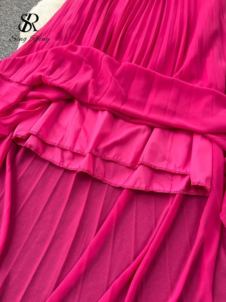 SINGREINY Summer Sexy A Line Dress Deep V Neck Sling Cross Ruffles Backless Pleated Solid Women Elegant Evening Party Long Dress 250110