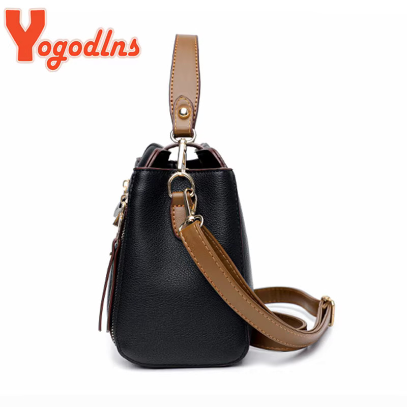 Ydlns Splicing Handbag For Women PU Leather Bucket Shuolder Fashion Handle Brand Shopping Mommy Crossbody Bag