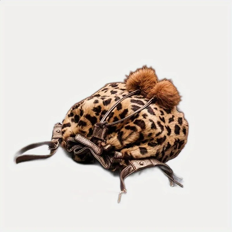 Plush Leopard Print Bucket Bag Fashionable Drawstring Crossbody Bag Womens Shoulder Bag Internal Phone Bag 250122