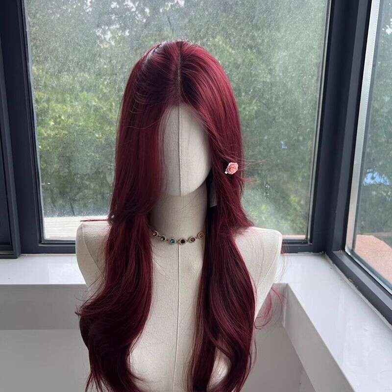 Lace Front Wig Cover T Shape Rose Red Front Lace Large Wave For Women With Small Medium Split Eight E Bangs Long Curly Hair Full Head Wig Set