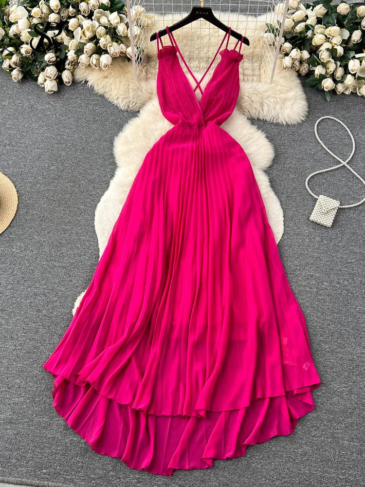 SINGREINY Summer Sexy A Line Dress Deep V Neck Sling Cross Ruffles Backless Pleated Solid Women Elegant Evening Party Long Dress 250110