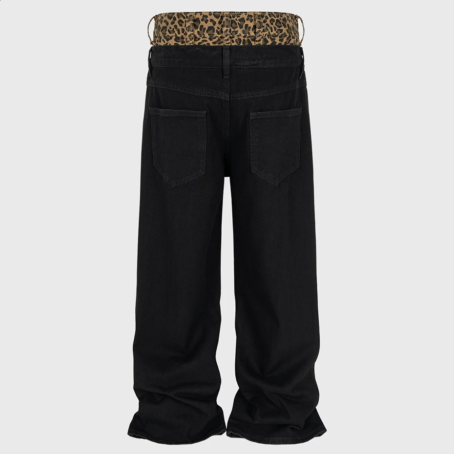 Leopard Patchwork Jeans Fake Two Piece Black Baggy Jeans Mens Loose Denim Pants 250120