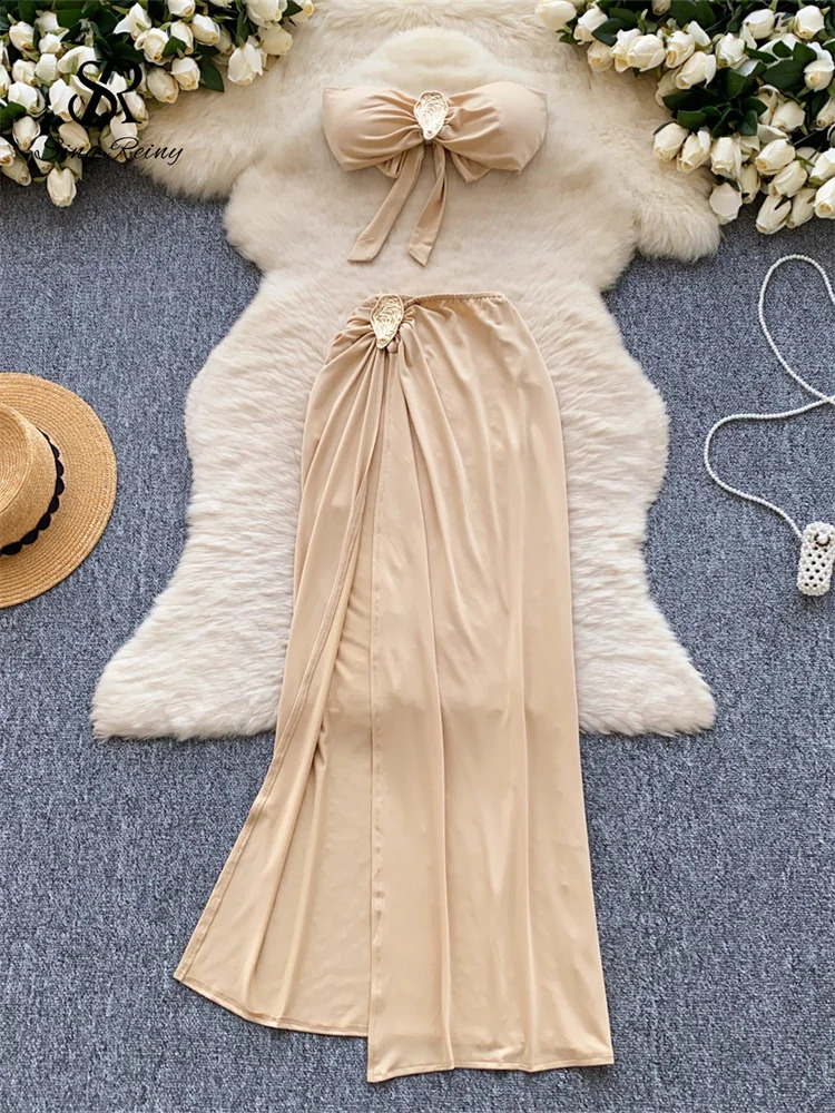 SINGREENY Vacation Styles Female Beach Skirt Sets Strapless Tank TopSplit Skirt Suit Fashion Fold Solid sexy long bikini swimsuit 250110