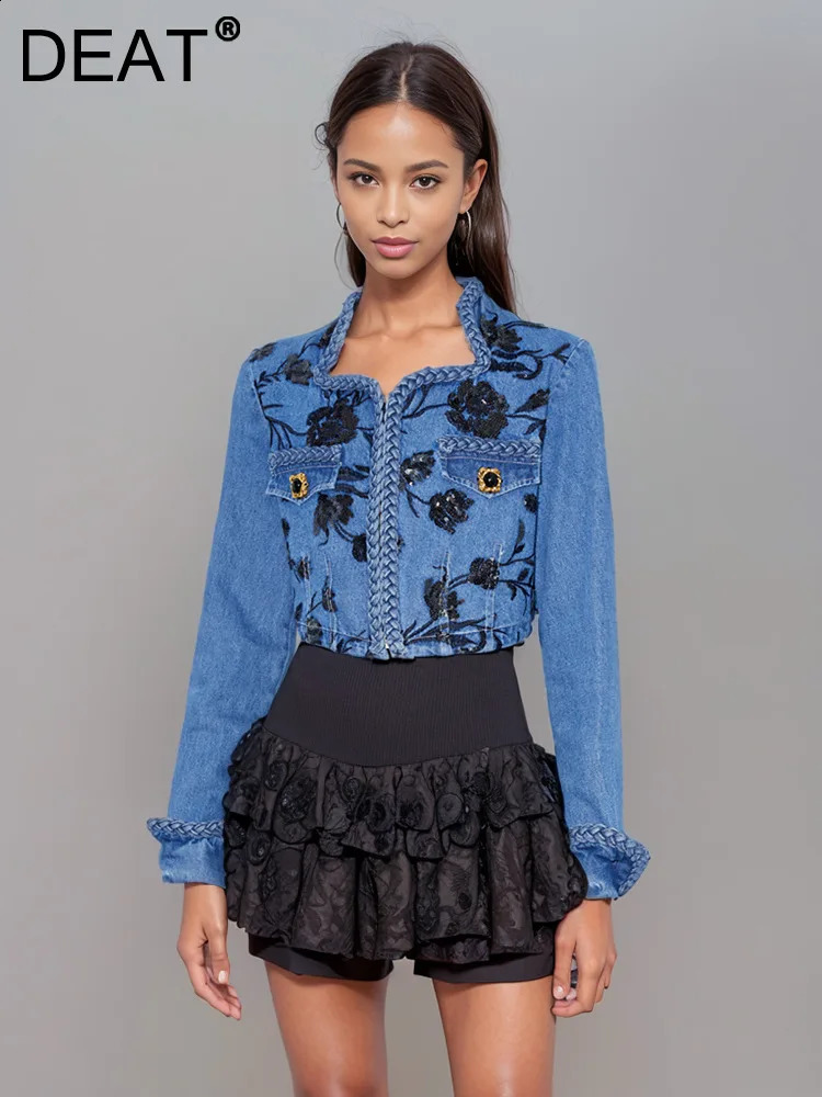 DEAT Trendy Items Womens Embroidery Sequins Denim Coat Summer Fashion V-neck Long Sleeves Jacket Female 33A1261 250116