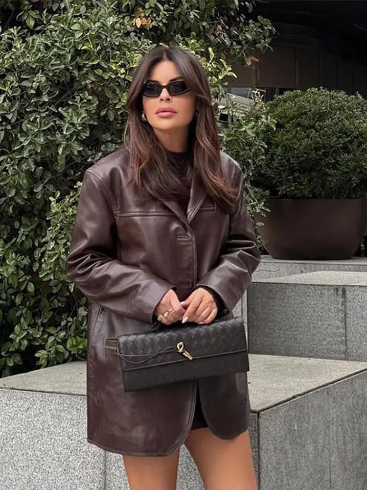 Fashion Leather Jackets Women PU Lapel Single Breasted Pockets Long Sleeve Female Coats Autumn Winter Brown Lady Outwear 250122