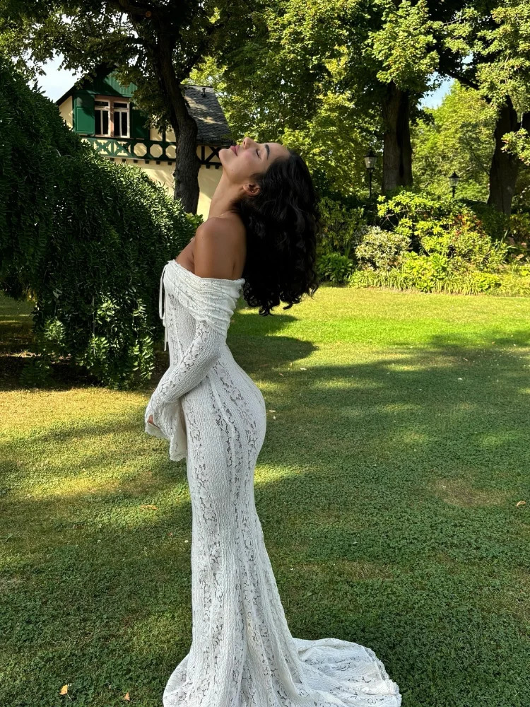 Women Elegant Off Shoulder Lace Up Ruffle Edge Dress Chic Hollow Out Puff Long Sleeves Maxi Slim Dresses Spring Lady Street Robe 250122