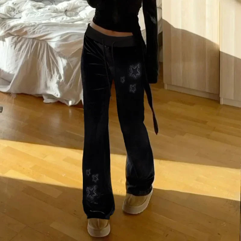 Rhinestones Star Velvet Flared Pants Y2K Aesthetic High Waist Baggy Sweatpants Casual Basic Boot Cut Trousers 250117