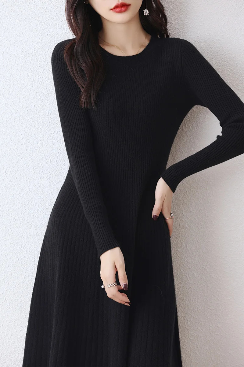 Womens Merino Wool Long Sweater Dress Round Neck Striped Thick Monochromatic 100% Merino Autumn Winter Official 250122