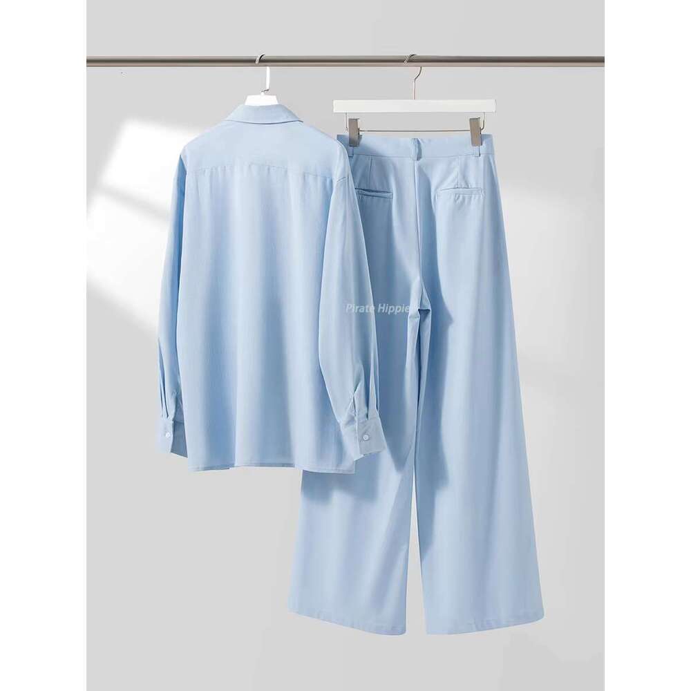 Casual Solid Two-Piece Women New Summer Single Breasted Long Sleeve Shirts+Wide Leg Trouser Simple Fashion Pants Set