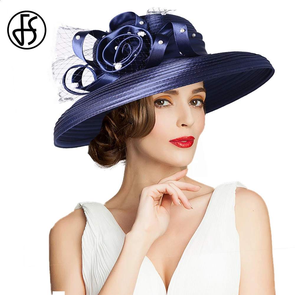 FS Wide Brim Fascinator Hats For Women Elegant Wedding Bridal Top Hat With Veil Flower y Navy Church Dress Derby Caps 250118
