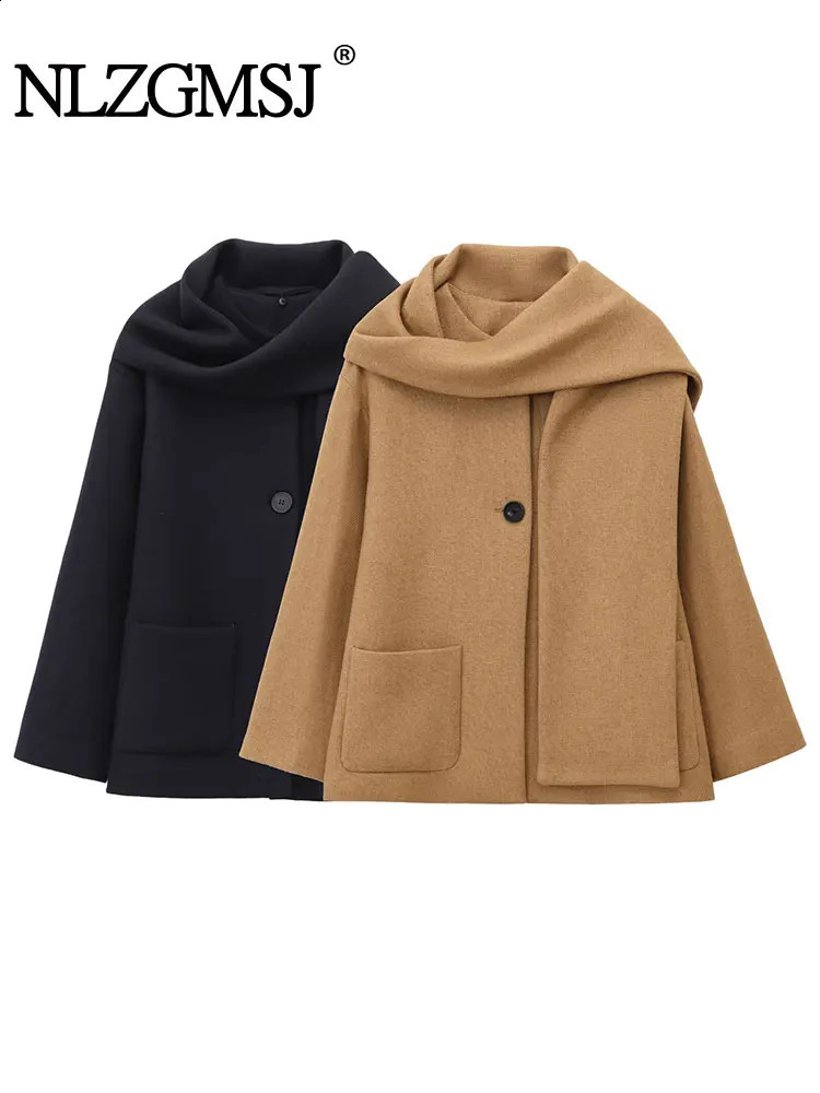 TRAF 2025 Autumn Winter Casual Chic Women Jackets Solid Scarf ONeck Long Sleeve Coats Fashion Jacket Outwear 250113